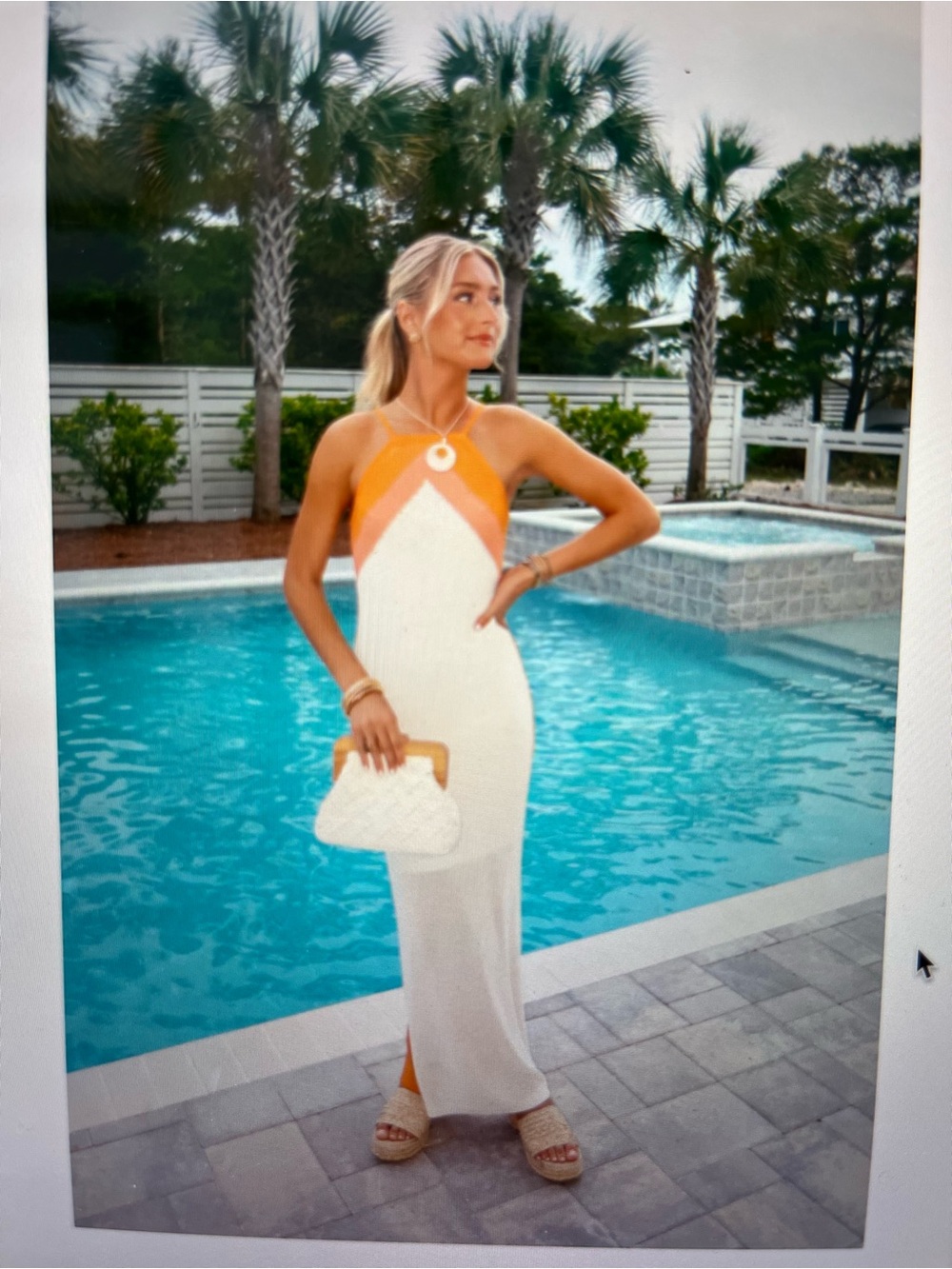 vestique White Maxi Dress with Orange Halter Detail